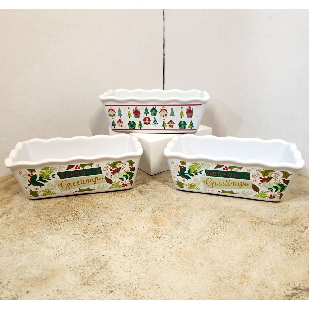 Set of 3 Old Time Pottery Nantucket Christmas Ceramic Mini Loaf Baking Pans